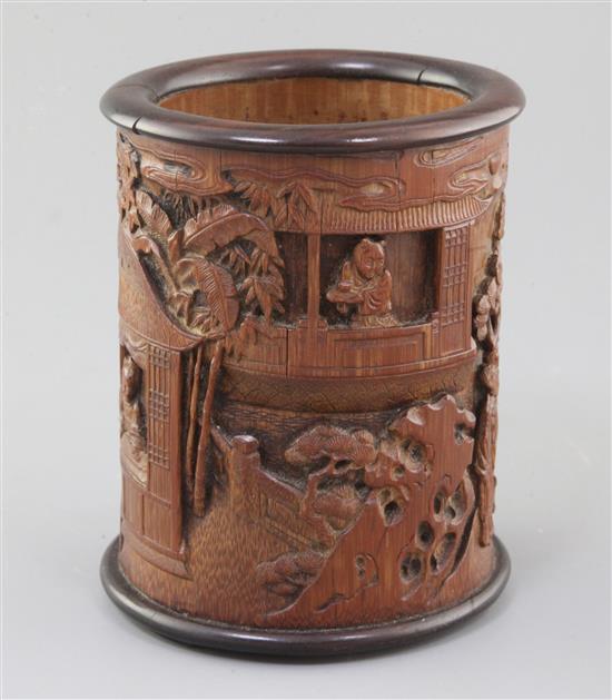 A Chinese bamboo and hongmu mounted brush pot, Qing dynasty, total height 14cm